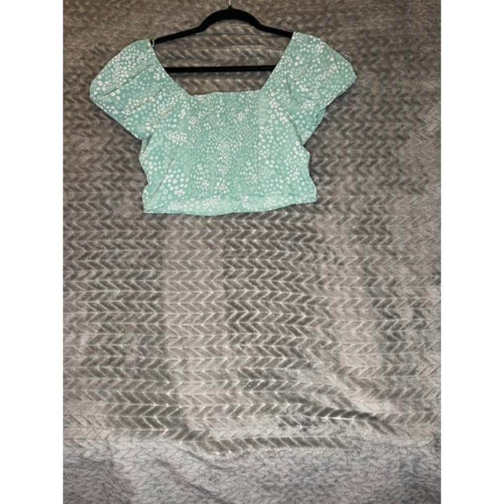 Pink Rose Sage Green Floral Button Front Crop Top Sweetheart Puff Sleeve 0029